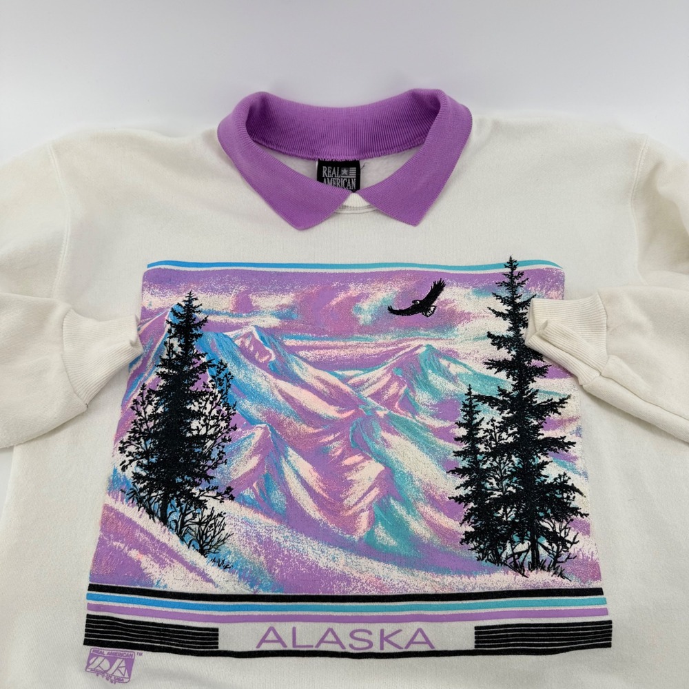 Real American Vintage 1991 Alaska Mountain Graphic Collared Sweatshirt M White